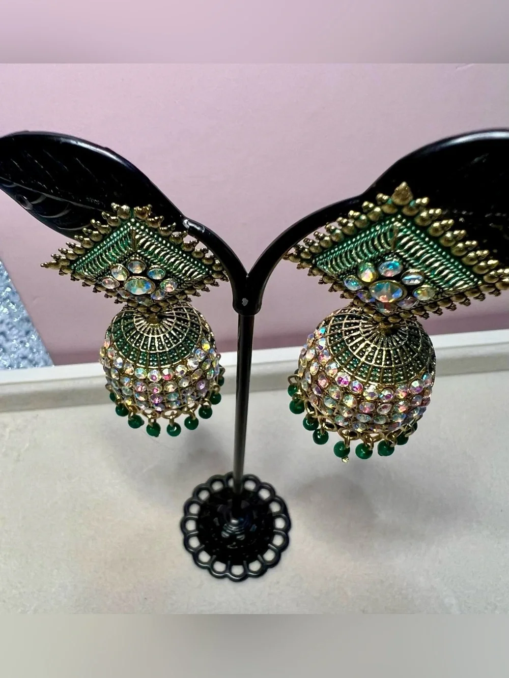 Gold-Tone Green Beaded Jhumka Earrings with Aurora Rhinestones